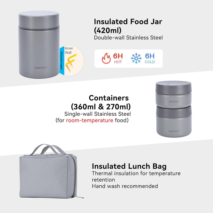 SANTECO Vakuumisolierter Suppen-Lunch-Set 1050ml - Isolierte Brotdose mit Löffel & Tragetasche - Sti