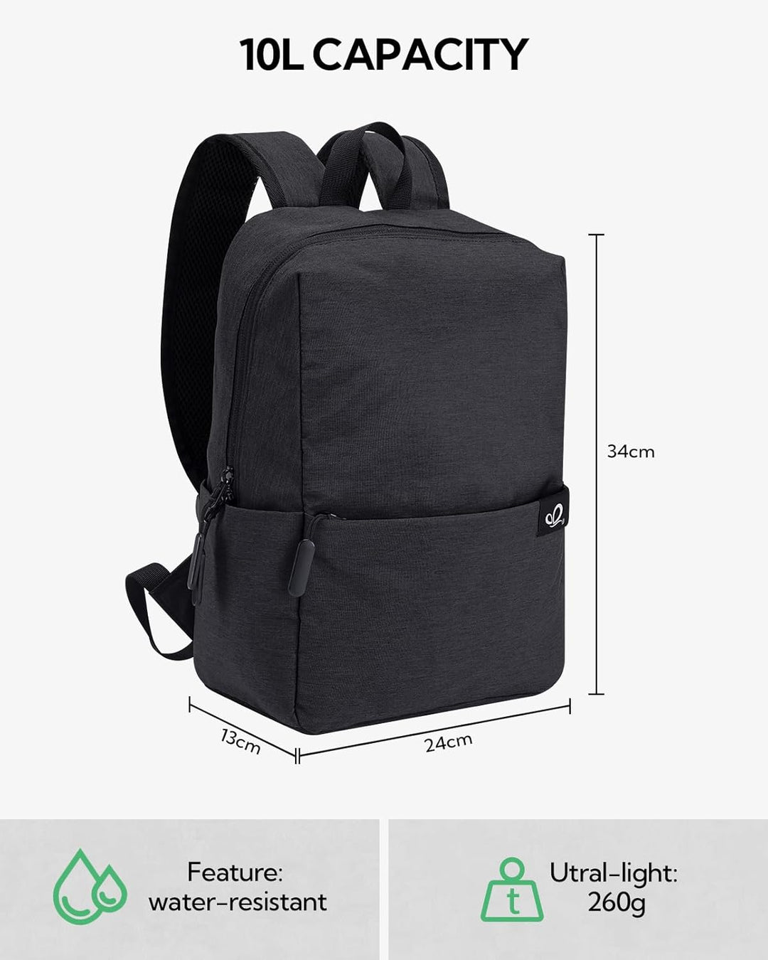 WATERFLY Leicht Klein Rucksack 10L: Casual Daypack Outdoor Mini Wanderrucksack Backpack für Arbeit S