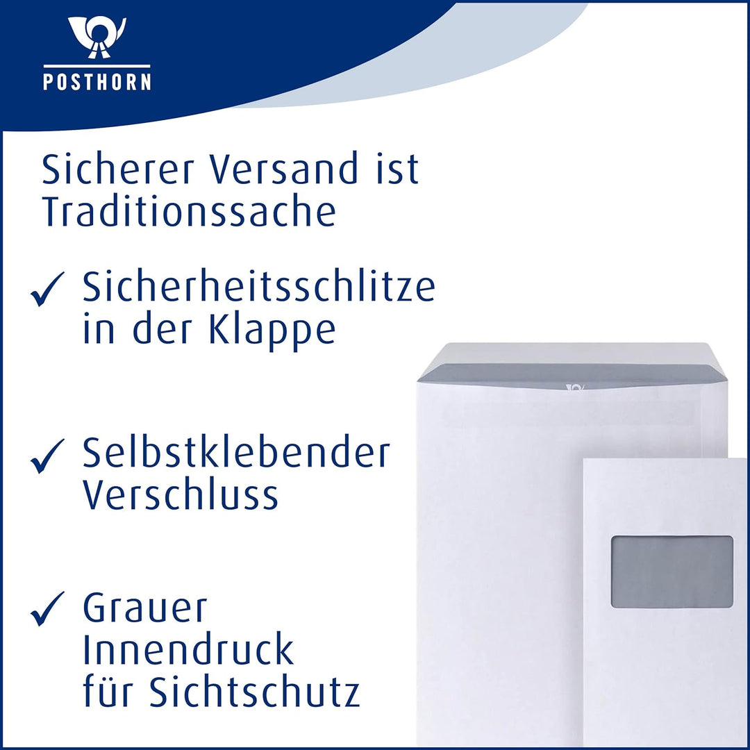 POSTHORN Versandtasche C5 (500 Stück), haftklebende Versandtaschen, 229 x 162 mm, 90g/m² &amp; Versandta