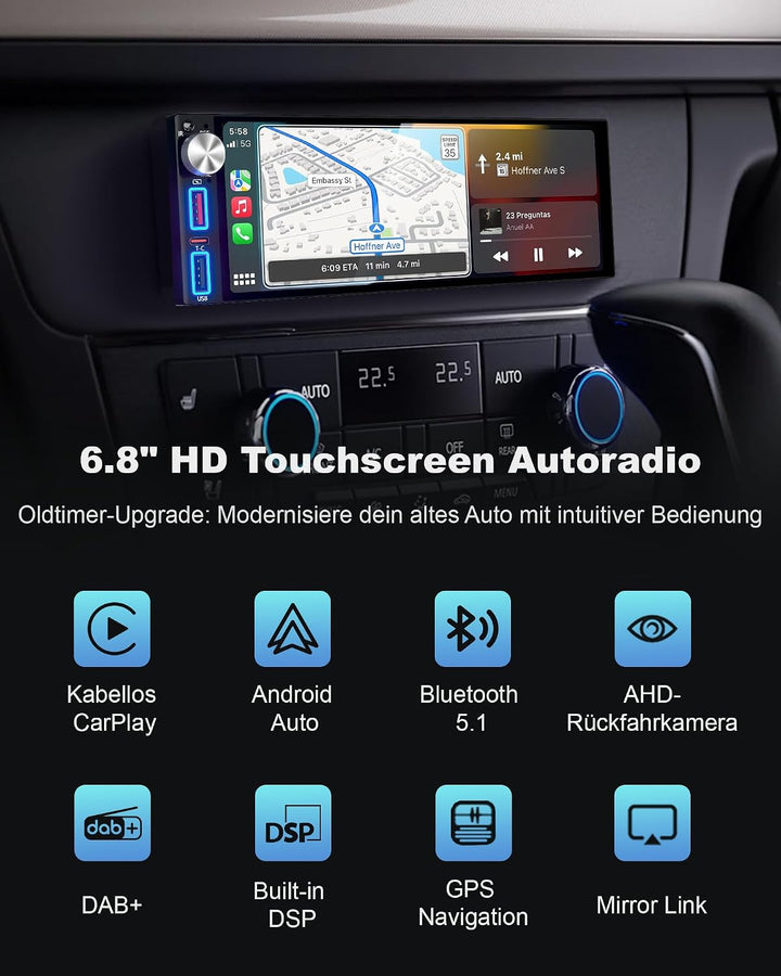 DAB/DAB+ 6,8 Zoll 1 DIN HD Autoradio mit Drahtlosem CarPlay &amp; Android Auto, Type-C Schnellladung, DS