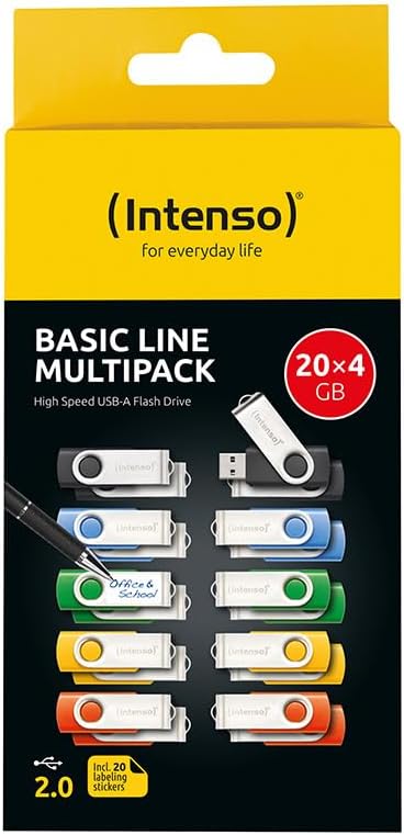 Intenso Basic Line USB 2.0 Stick Set – 20x 4GB High Speed Speichersticks, Mehrfarbig mit Beschriftun