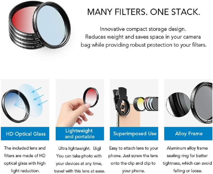 Apexel Filter-Kits für Handykameras, 52 mm, Farbverlaufsfilter (Blau, Gelb, Orange, Rot), CPL, ND32