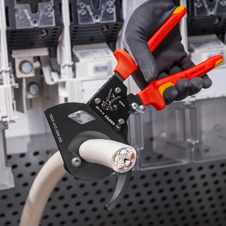 Knipex Kabelschneider (Ratschenprinzip) schwarz lackiert, isoliert mit Mehrkomponenten-Hüllen, VDE-g