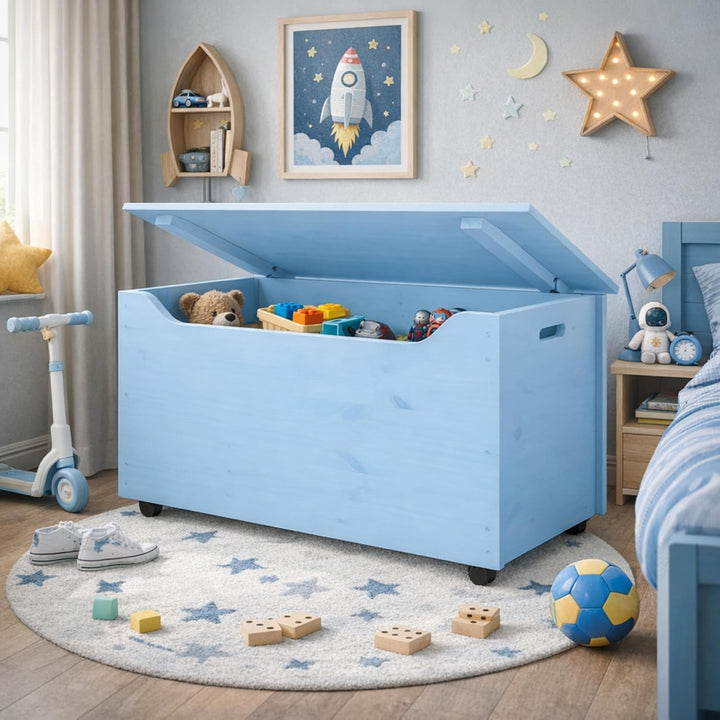 Pinus Spielzeugkiste aus Holz mit Deckel und Rollen, 90×48×51 cm - Grosse Aufbewahrungsbox für Spiel