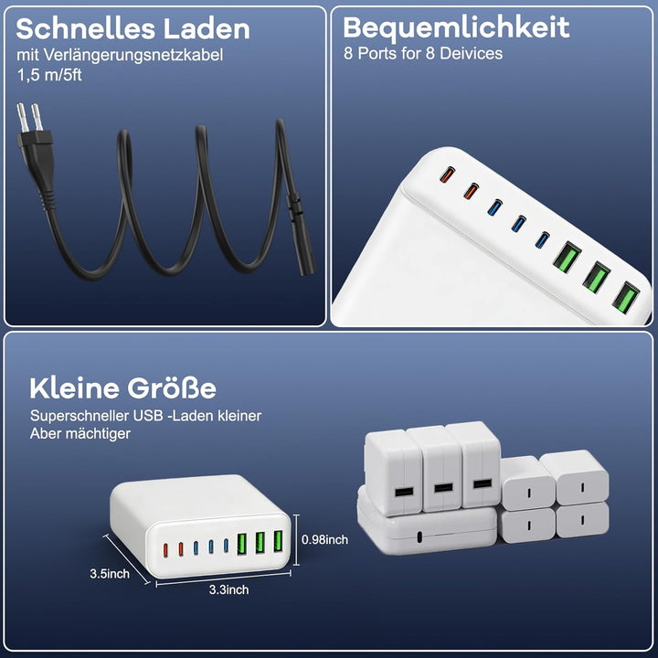 500W USB C Ladegerät Mehrfach, GaN V 8 Ports USB Ladegerät Mehrfach, 500W 8-Port Schnellladegerät Ko