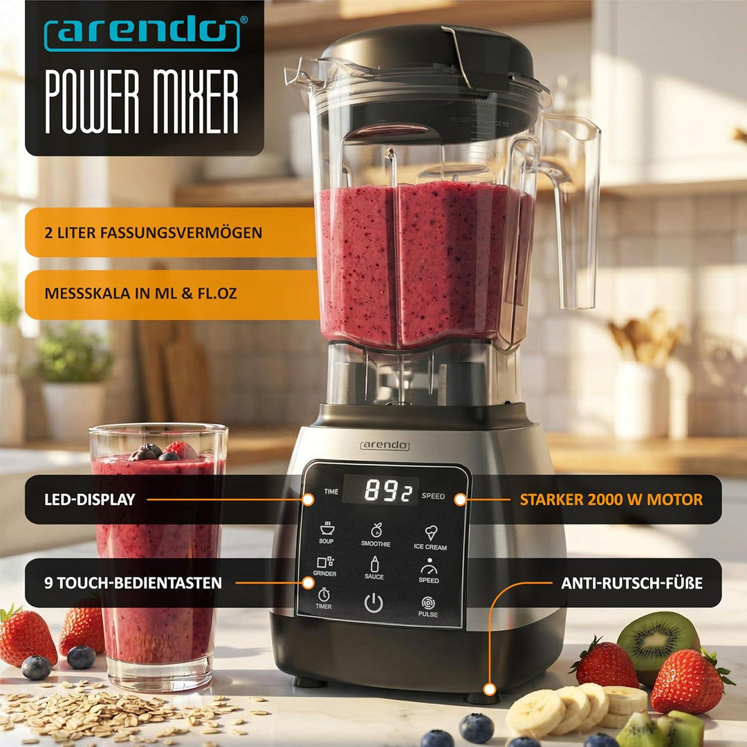 Arendo – Standmixer mit Touchpanel – 2000 Watt Hochleistungsmixer - 9 Geschwindigkeitsstufen – 24.00