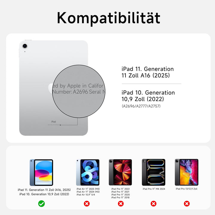 HOU iPad A16/10. Generation Case mit Tastatur, Drehbare und Abnehmbare Tastatur für iPad 11/10, Elas