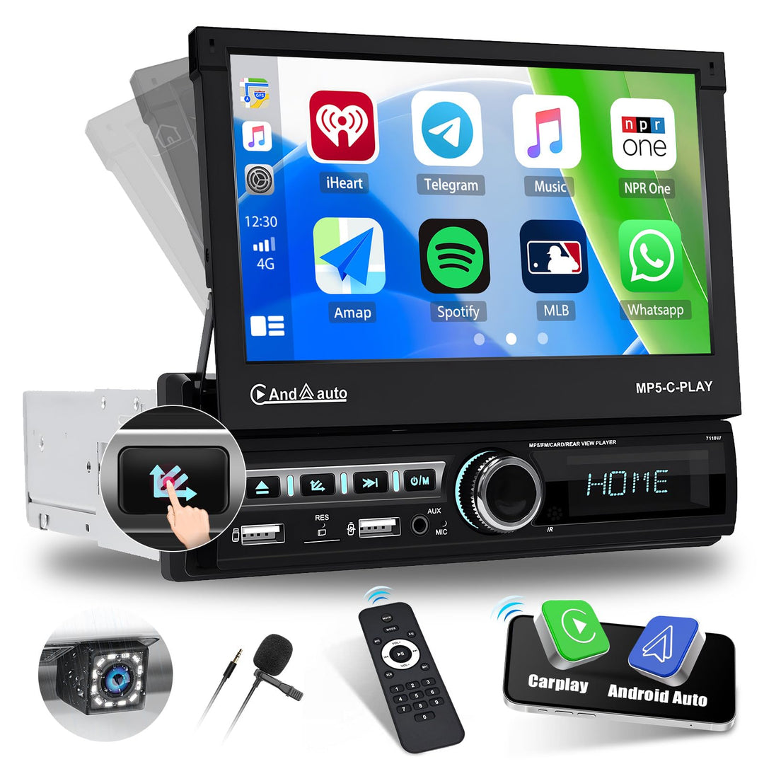 CAMECHO Autoradio 1 Din Navi mit Wireless Carplay & Android Auto, 7 Zoll Motorisch Ausfahrbarem Bild