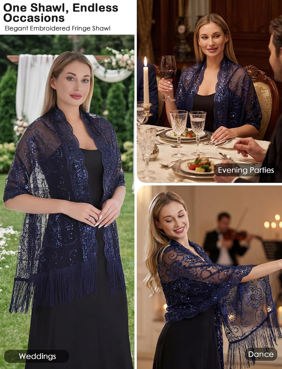 SEAUR Damen Pailletten Floral Umschlagtücher und Stola mit Fransen 1920er-Stil Festlicher Schultertu