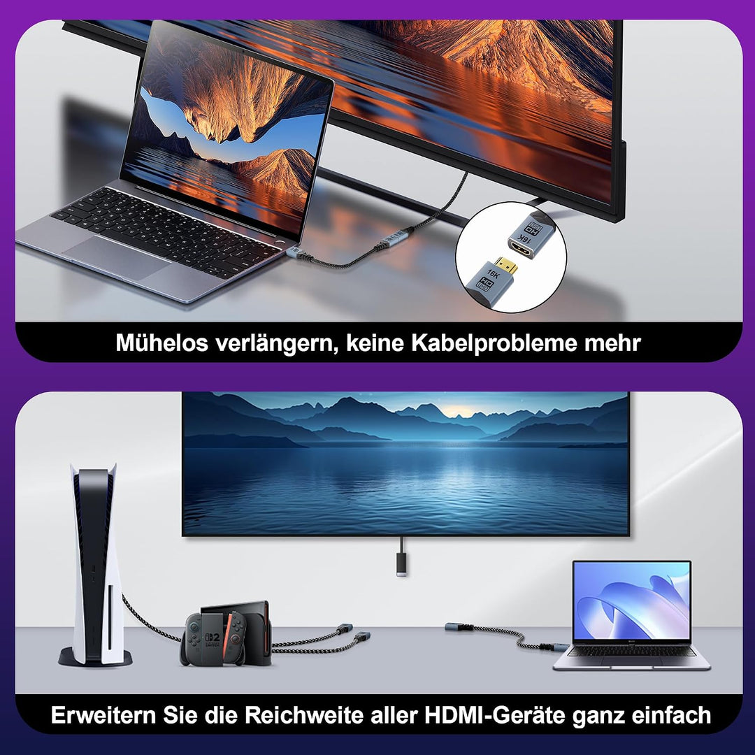 16K Geflochtenes HDMI Verlängerungskabel 0.5M, Ultra High Speed 96Gbps, 8K@120Hz 4K@240Hz/480Hz Stec