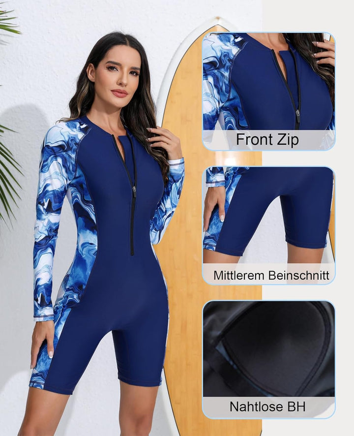 Halcurt Damen Langarm Badeanzug mit BH Rash Guard UPF 50+ Reissverschluss Schwimmshirt Surf UV Shirt