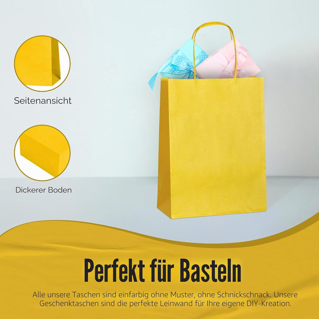 Thepaperbagstore 30 Gelbe Klein Partytüten aus Papier mit Henkeln – 18x22x8cm – Bunte Geschenktüten