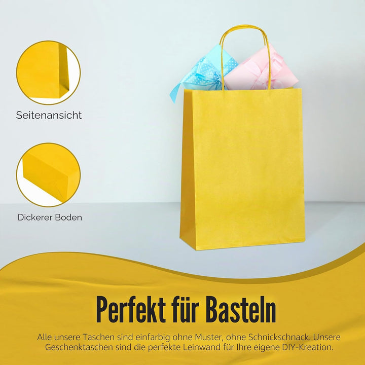 Thepaperbagstore 30 Gelbe Klein Partytüten aus Papier mit Henkeln – 18x22x8cm – Bunte Geschenktüten