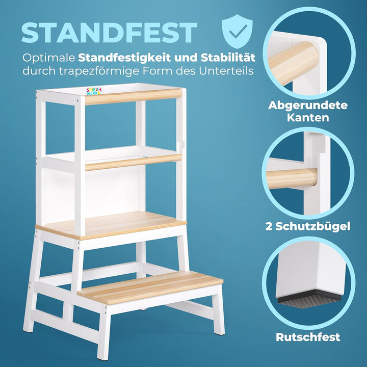 Spielwerk® Lernturm ab 2 Jahren Kinder mit Tafel Montessori 93cm Hoch Learning Tower 100kg Belastbar