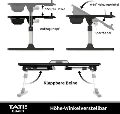 Tate Guard Laptoptisch fürs Bett,einstellbare Höhe,Neigungswinkel,Laptoptisch mit Schublade,klappbar