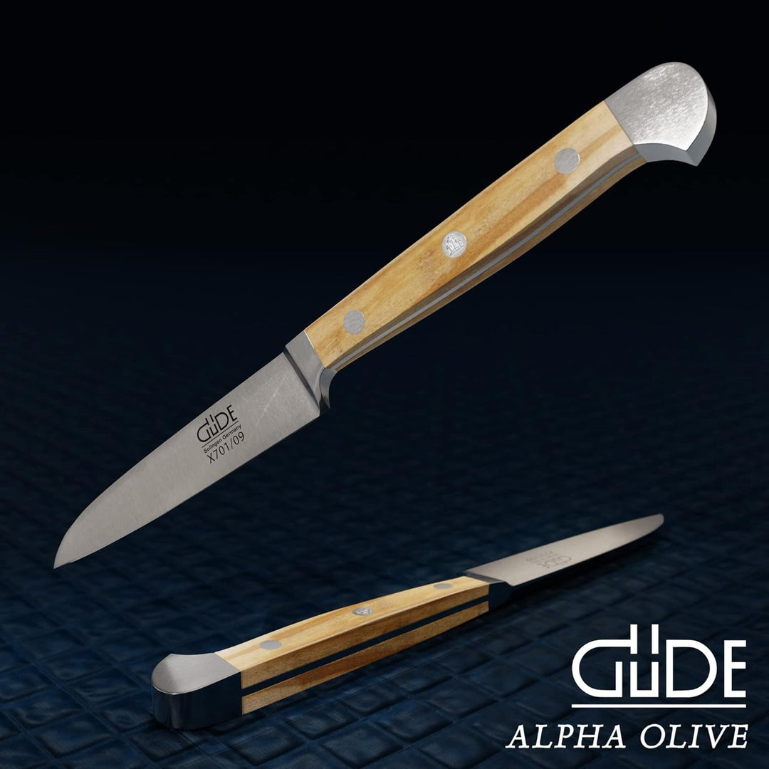 GÜDE Solingen - Gemüsemesser geschmiedet, 9 cm, Olivenholz, ALPHA OLIVE, Doppelkropf, Handmade Germa