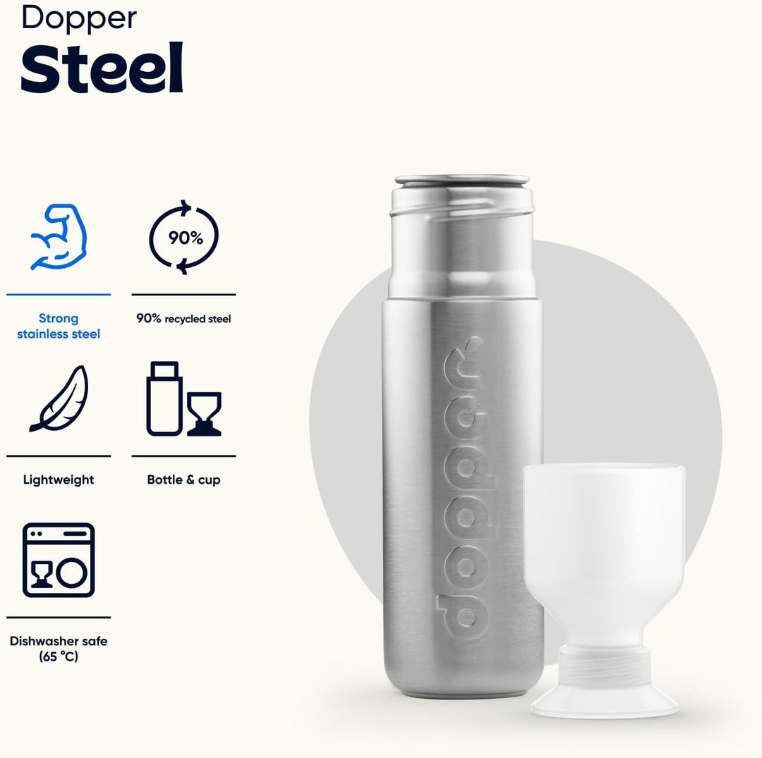 Dopper Steel Trinkflasche 350ml, 490ml, 800ml, 1.1L - Edelstahl Flasche - BPA freie Wasserflasche, 1