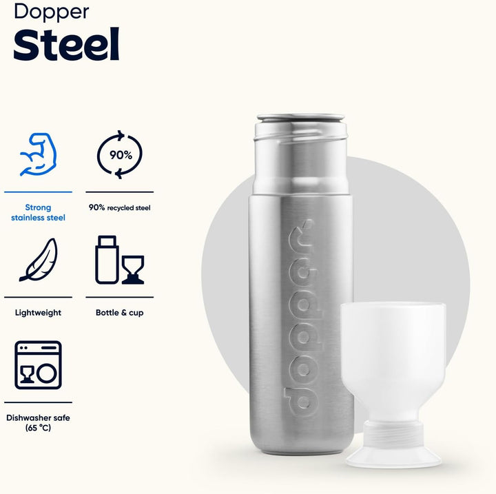 Dopper Steel Trinkflasche 350ml, 490ml, 800ml, 1.1L - Edelstahl Flasche - BPA freie Wasserflasche, 1