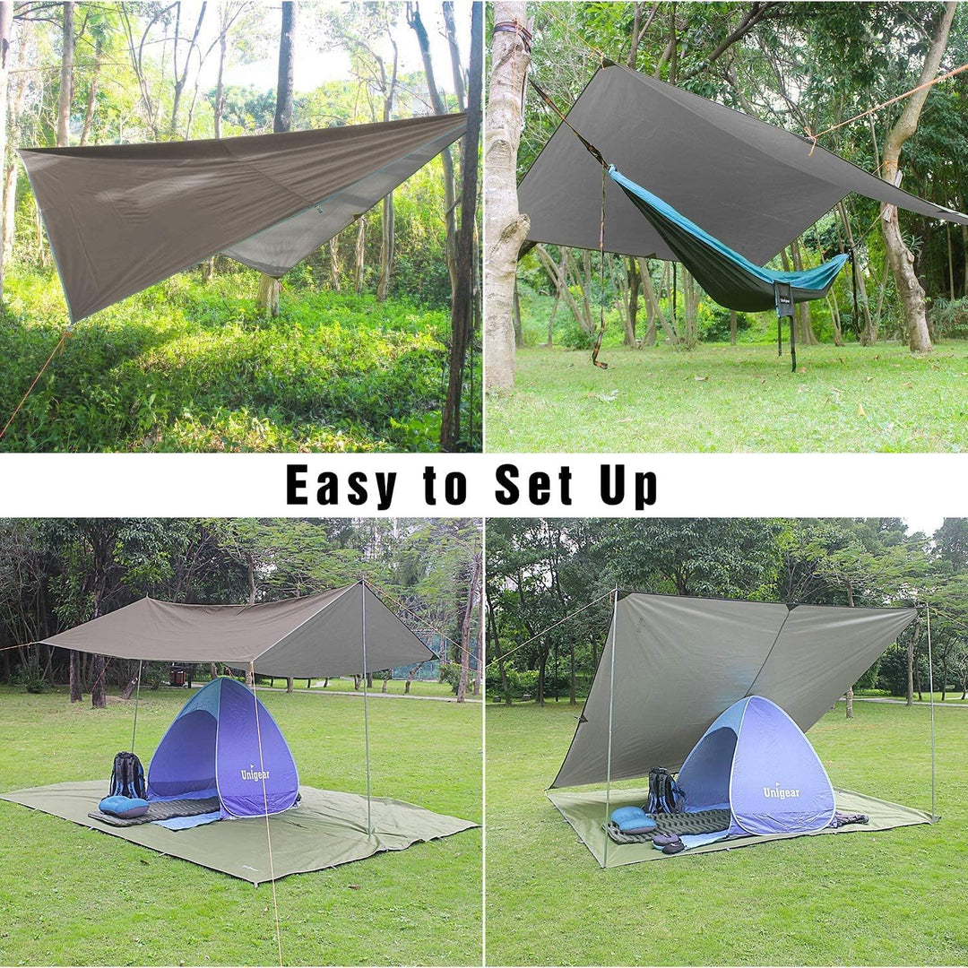 Unigear Tarp 3x3 3x4 3x5 4x4 wasserdicht, Zeltplane für Hängematte mit Ösen + 6/8 Erdnägel + 6/8 Sei