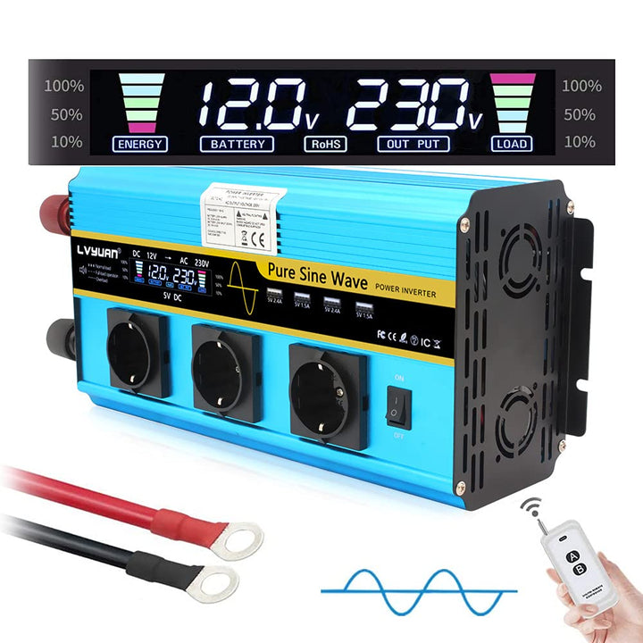 Yinleader Wechselrichter 3000W Reiner Sinus-Spannungswandler 12V 230V mit 3 europäischen Steckdosen