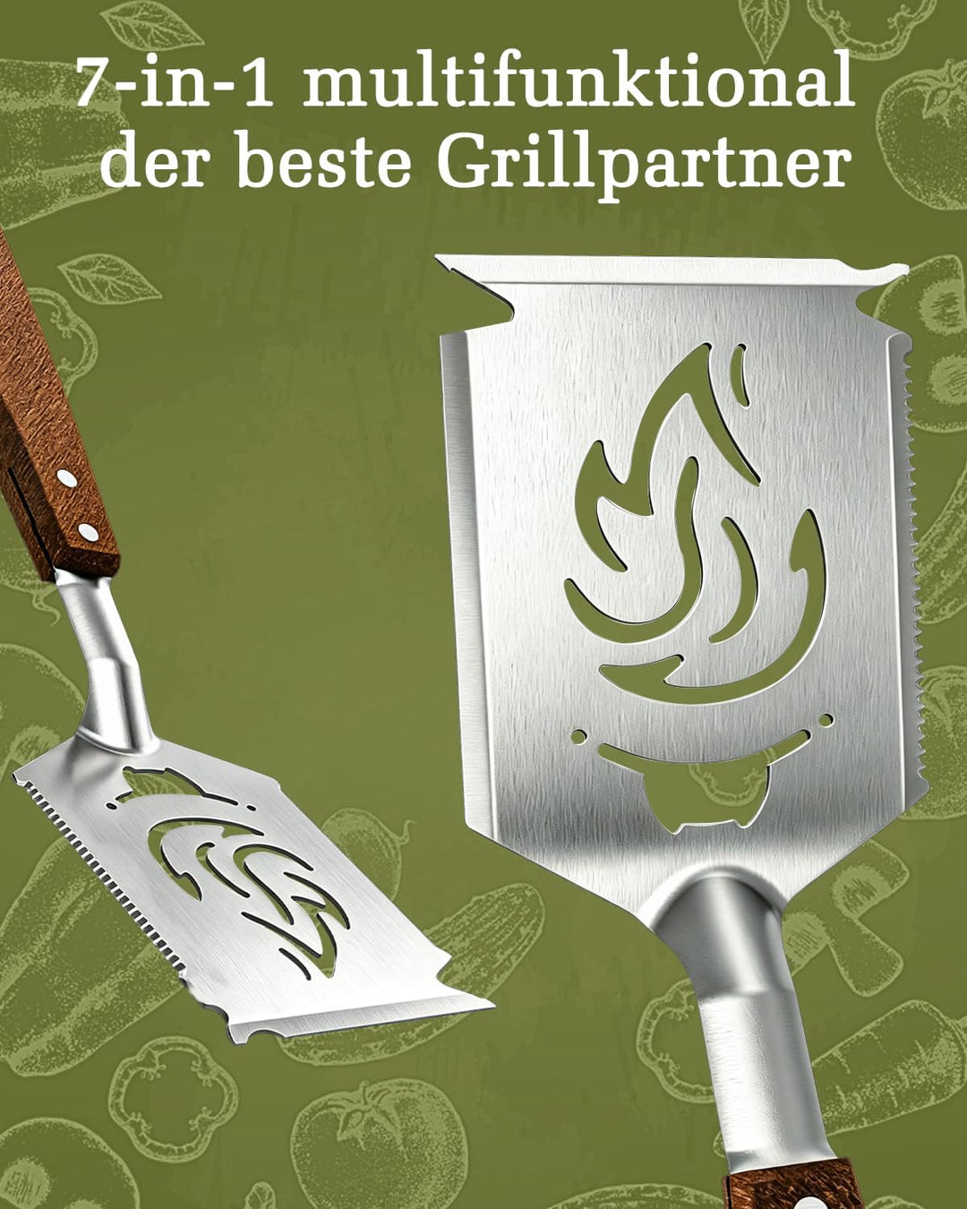 7-in-1 Grillspachtel mit Holzgriff, Multifunktion Grillwerkzeug für BBQ & Camping, Funktionen des Gr