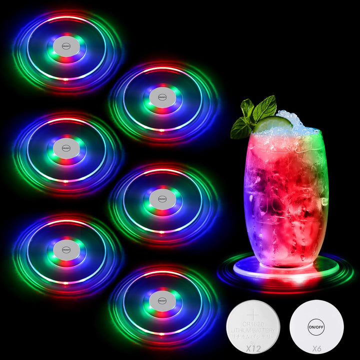 JIZZU Leuchtende Untersetzer Acryl, 6 Stück Bunt LED Untersetzer, Leuchtuntersetzer Bierdeckel, Leuc