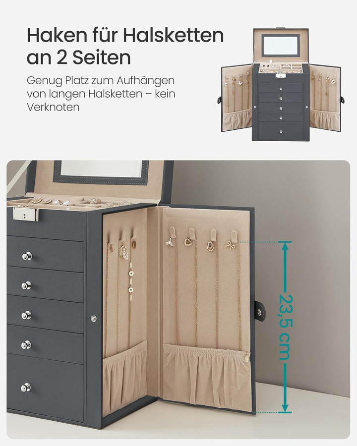 SONGMICS Schmuckkästchen 6 Ebenen, Schmuckkasten mit 5 Schubladen, viel Stauraum, innen mit Spiegel,