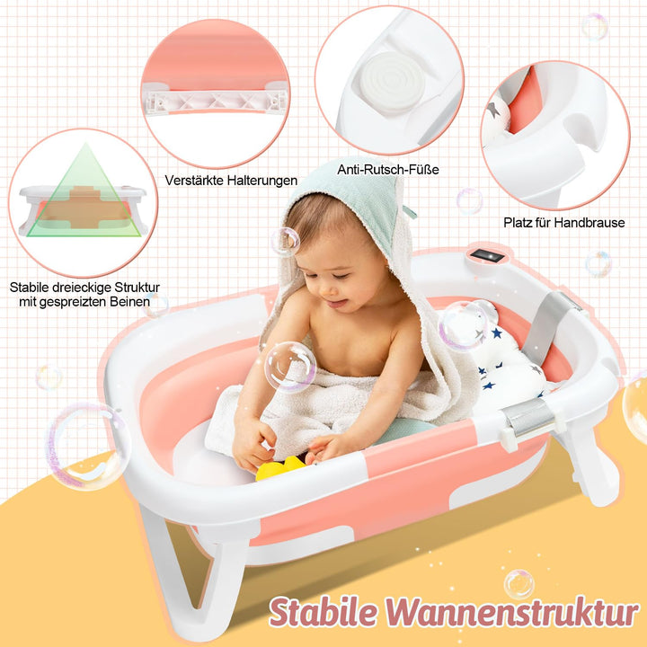 Babywanne faltbar Babybadewanne Baby Wanne platzsparend, doppelt klappbare Badewanne mit Badekissen,