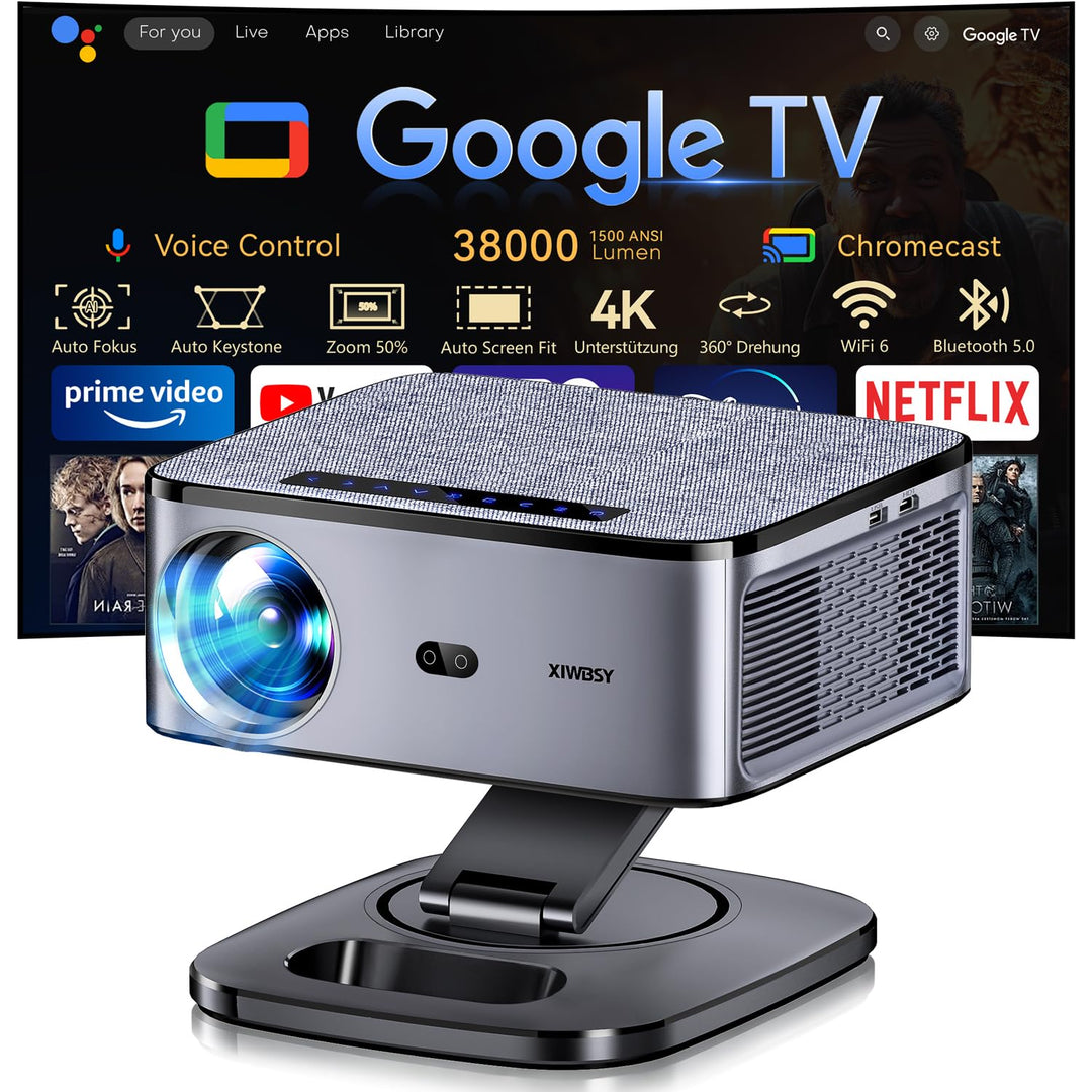 Beamer 4K【1500 ANSI & Google TV/Autofokus】 Full HD 1080P 38000 Lumen XIWBSY Smart Beamer mit WiFi 6,