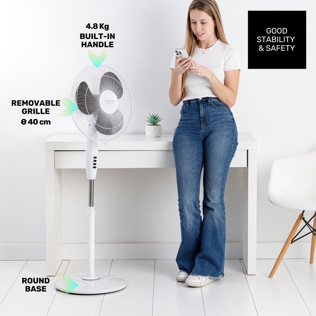 Taurus Greco 16CR Pure Standventilator, 40 W, runder Boden, Oszillationssystem, verstellbare Neigung