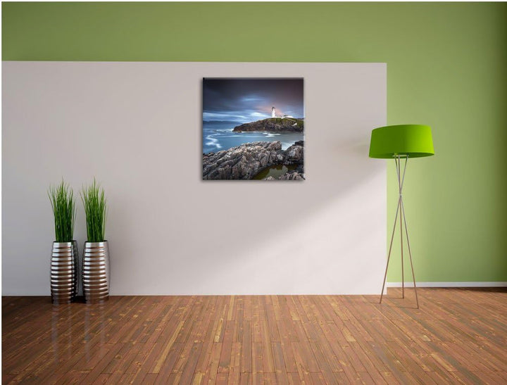 Leuchtturm im Meer, Format: 70x70 auf Leinwand, XXL riesige Bilder fertig gerahmt mit Keilrahmen, Ku