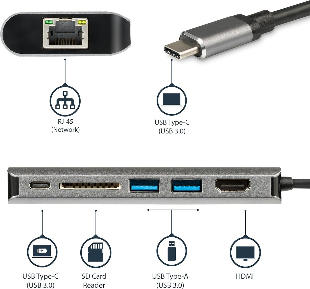 StarTech.com USB-C Multiport Adapter - 2x USB 3.0 / HDMI / SD / Gigabit Ethernet - mit Stromversorgu