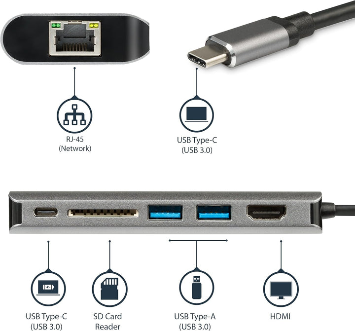 StarTech.com USB-C Multiport Adapter - 2x USB 3.0 / HDMI / SD / Gigabit Ethernet - mit Stromversorgu