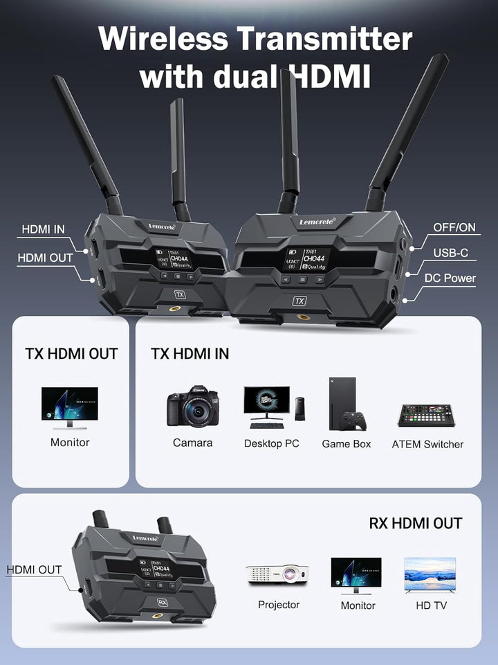 Lemorele Wireless HDMI Transmitter and Receiver mit 2 * 4400mAh Batteries, 200M FHD Drahtloses Video