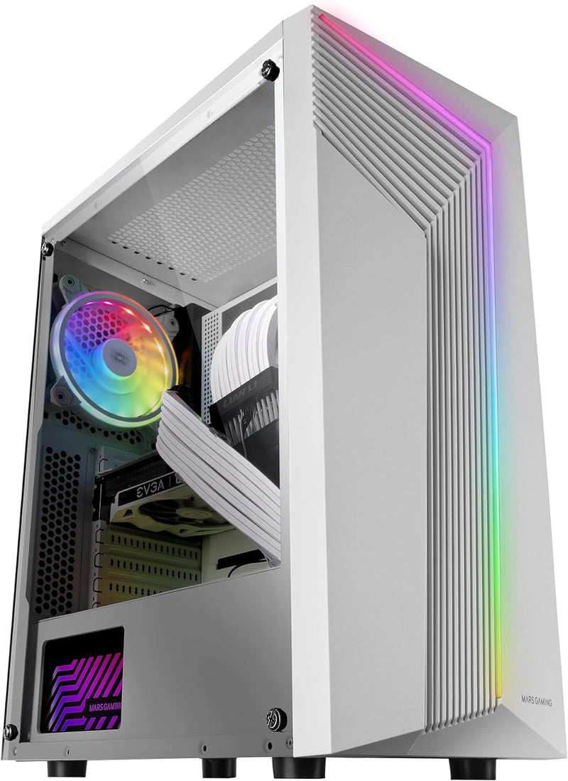 MarsGaming MC-X7 Weiss, PC Gaming ATX Gehäuse, ARGB Front, 12cm RGB Lüfter, Volles Seitenfenster MCX