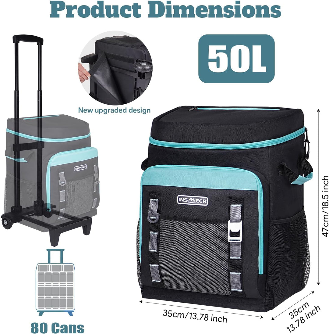 Kühltasche mit Rollen, 50L/ 80 Cans Kühltasche Gross Faltbar und Wasserdicht Kühler, Isoliertasche T