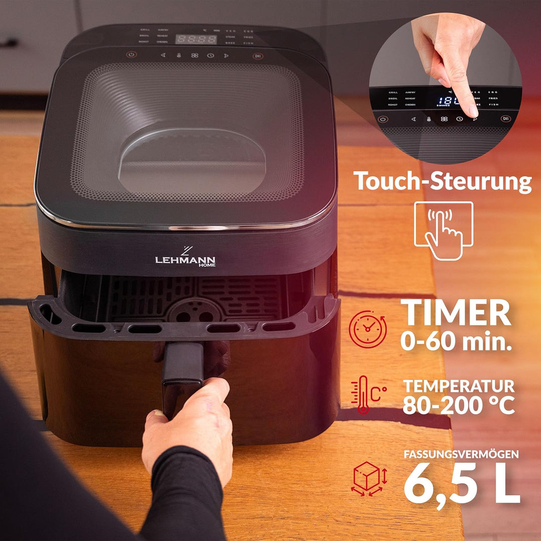 LEHMANN XL Heissluftfritteuse 6,5L, Airfryer mit oberem Panorama-Sichtfenster & Beleuchtung, Touchdi