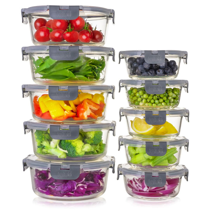 Igluu Meal Prep Glas Lebensmittel Frischhaltedosen 10 Stück, Lebensmittelbehälter mit Schnappverschl