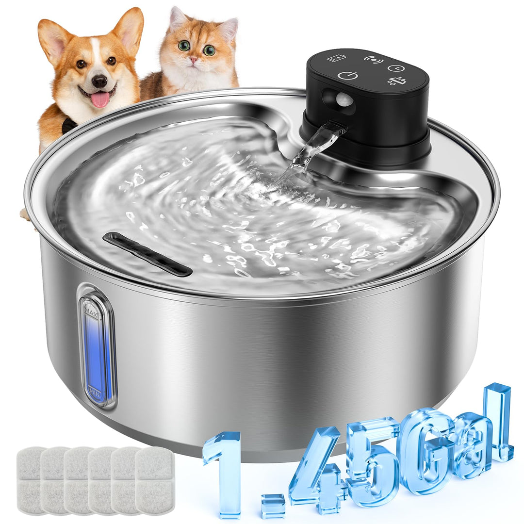 5,5 L Trinkbrunnen für Hunde Katzen Edelstahl Kabellos (6 Filter) | 5000mAh Akku mit bewegungsmelder