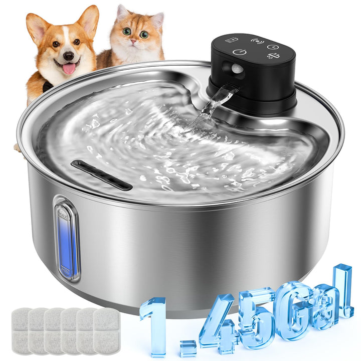 5,5 L Trinkbrunnen für Hunde Katzen Edelstahl Kabellos (6 Filter) | 5000mAh Akku mit bewegungsmelder