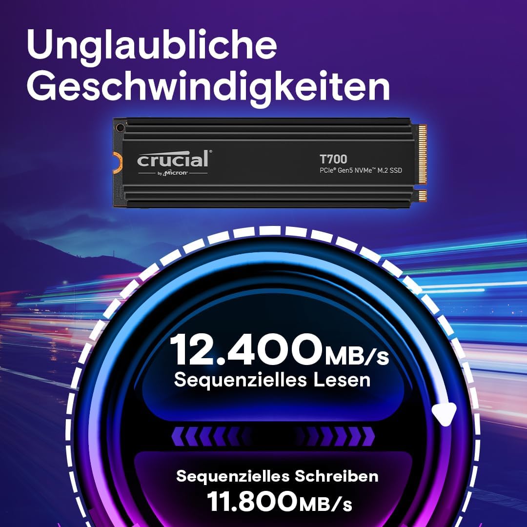 Crucial T700 1TB Gen5 NVMe M.2 SSD mit Kühlkörper - Bis zu 11.700 MB/s - DirectStorage-fähig - Gamin