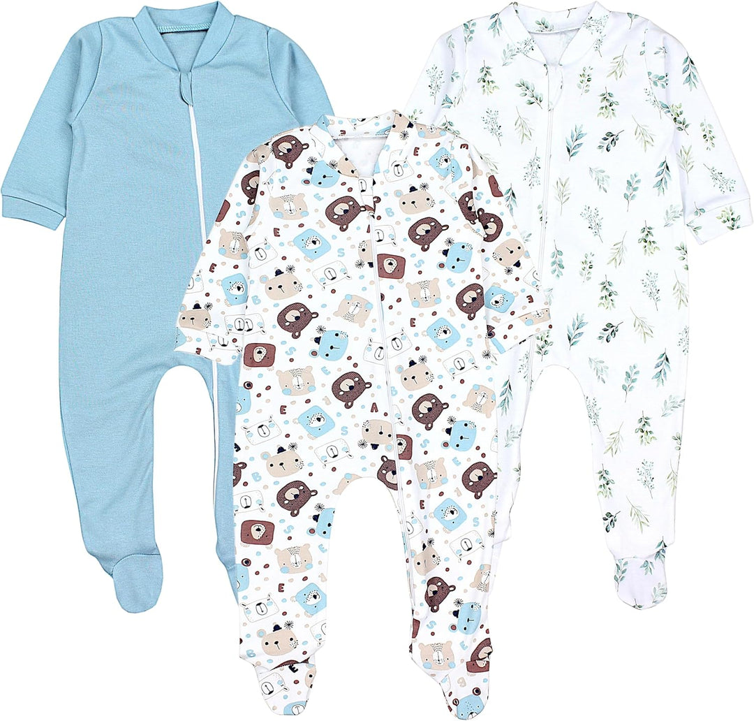 Baby Unisex Schlafstrampler Mädchen Schlafanzug mit Fuss Jungen Spieler 3er Pack, Bärchen Blätter Ei