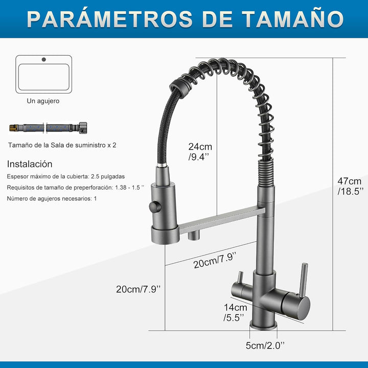 3 Wege Wasserhahn Küche, Ausziehbar Küchenarmatur, Spültischarmatur aus Messing, 3 in 1 Mischbatteri
