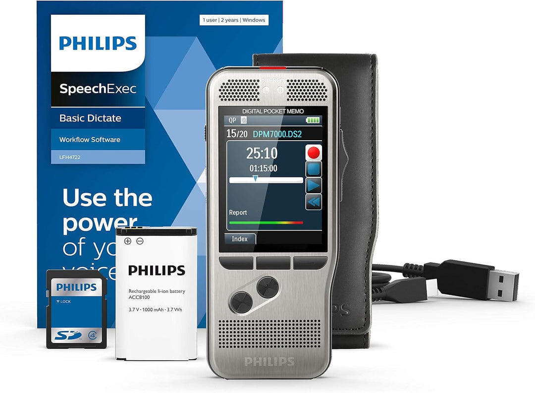 Philips Pocket Memo Digitales Diktiergerät DPM7000 Schiebeschalter-Bedienung, 2 Mikrofone für Stereo