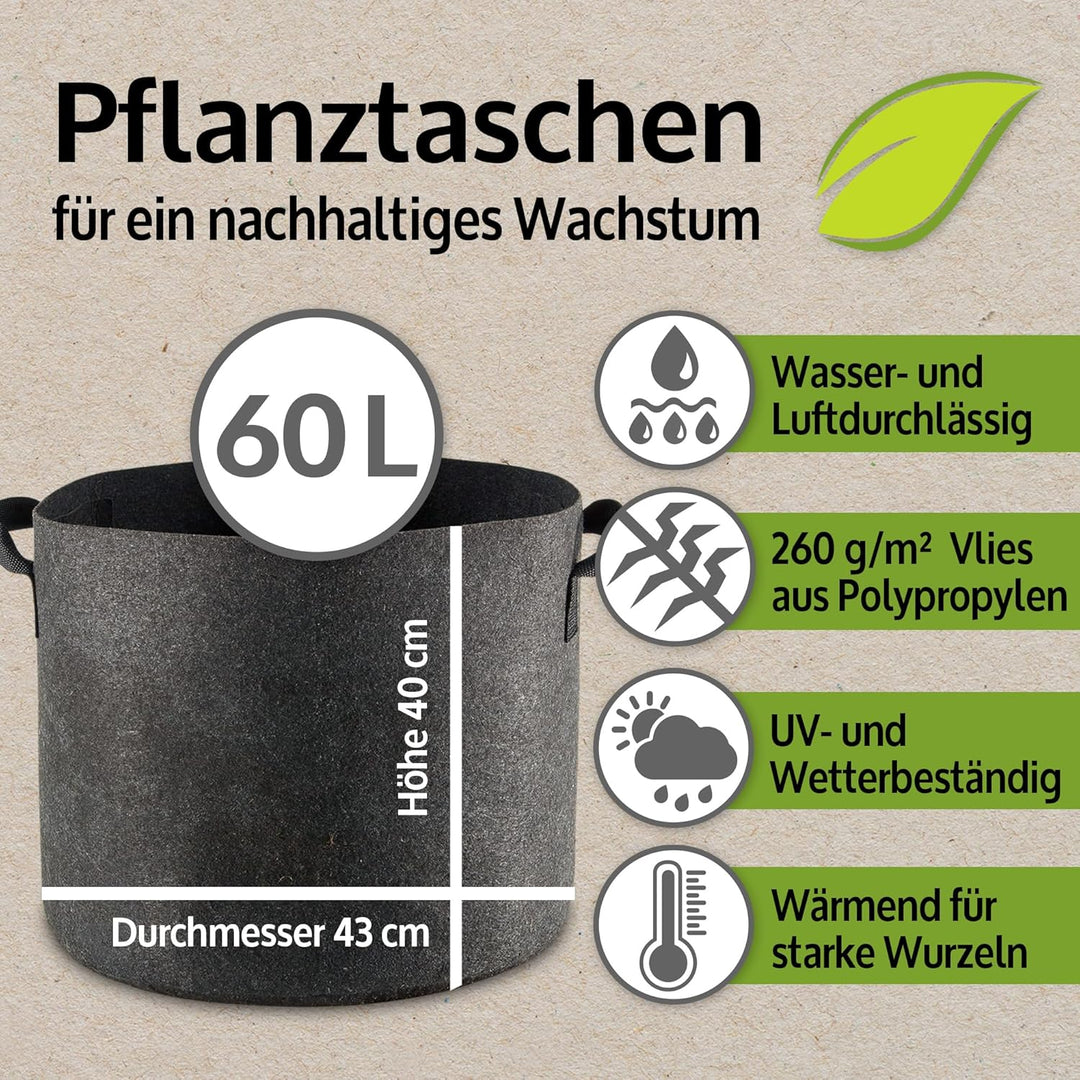 zooprinz Premium 30 L oder 60 L Pflanztaschen aus dickem Vlies – Pflanzsäcke perfekt für Blumen, Tom