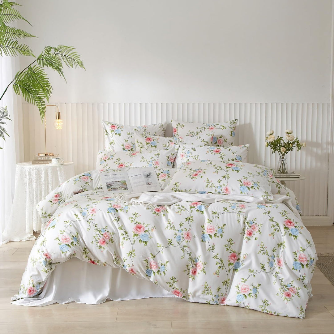 DXHOME Blumen Bettwäsche 4teilig 135x200 Weiss Blau Rosa Floralem Muster Atmungsaktiv Leicht Weiche