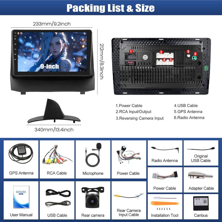 6+128G Android 15 CAMECHO 8-Kerne Autoradio für Ford Fiesta 2009-2014, 9 Zoll Navi Radio mit Bluetoo
