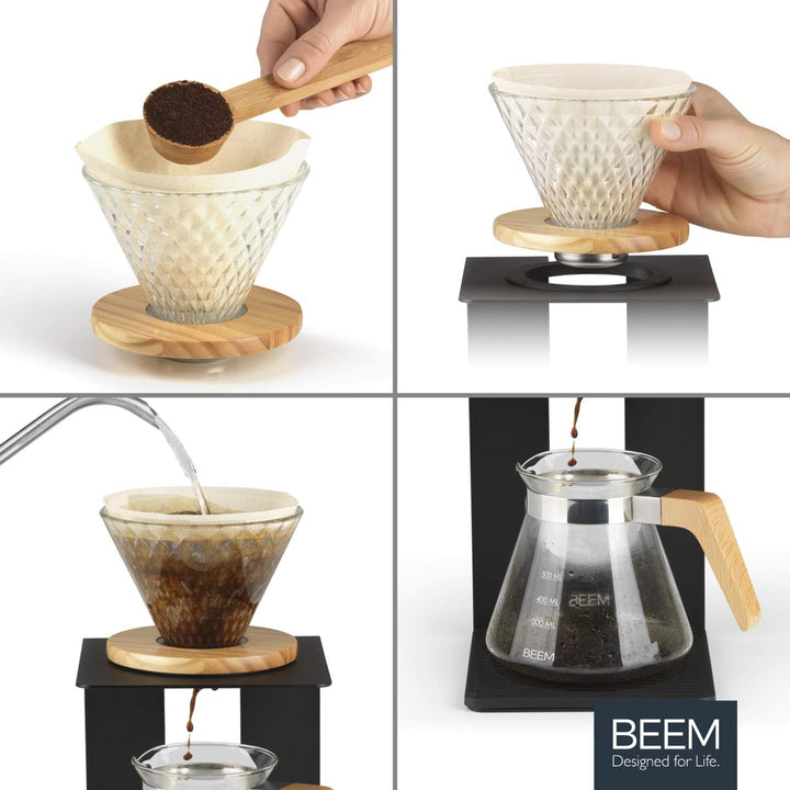 BEEM POUR OVER Kaffeebereiter Set - 4 Tassen | Glas-Handfilter in Diamantoptik (Grösse 2), 0,5 l Gla