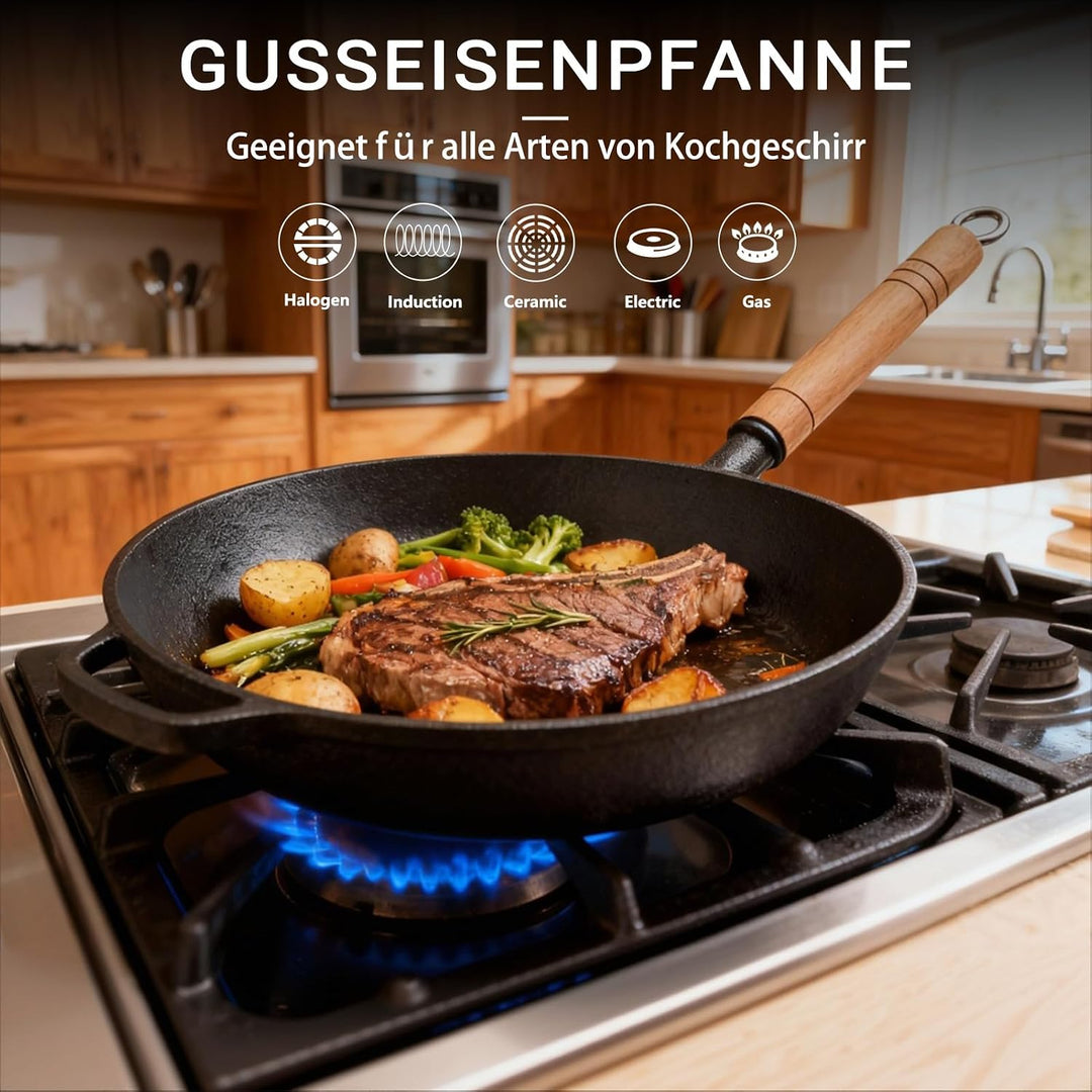 Gusseisen Pfanne 27cm Bratpfanne Grillpfanne: Ohne Beschichtung Induktion Pfanne Griff aus Massivhol