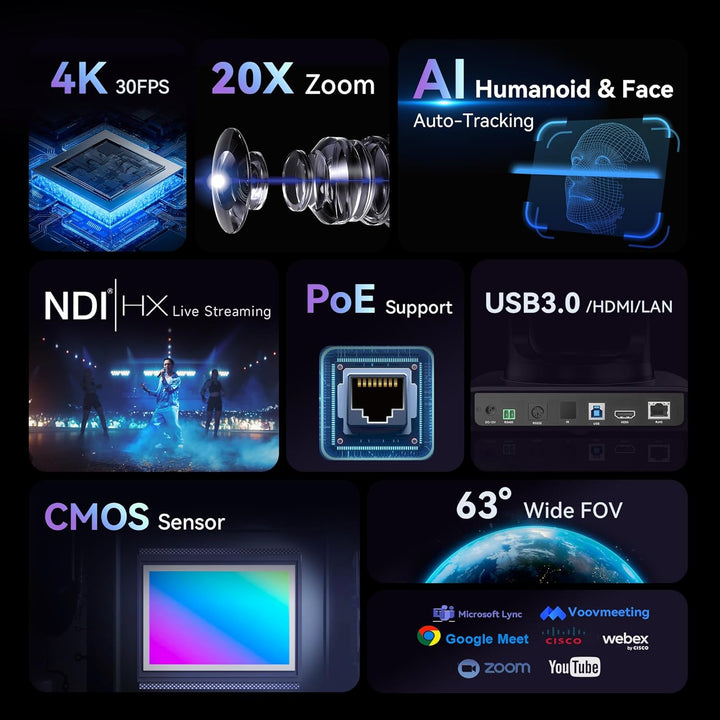 Tenveo 4K PTZ Kamera mit NDI & KI-Tracking – 20x Optischer Zoom, PoE+, für Live-Streaming (OBS/vMix)